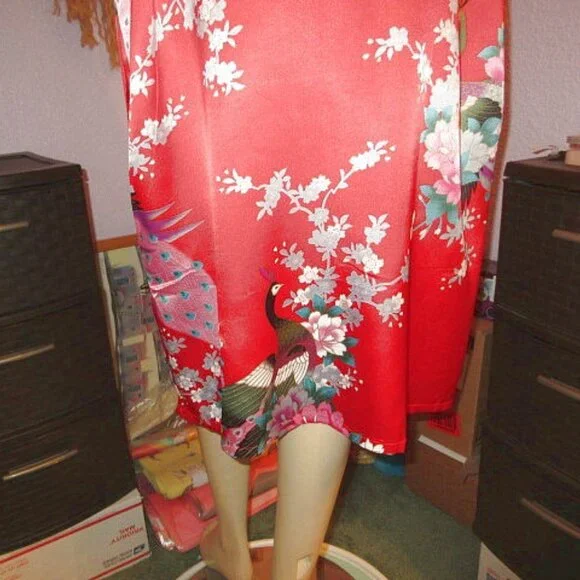 Vtg Silk Kimono Robe One Size Asian Smoking Jacket Dressing Gown Exotic Floral - Picture 8 of 8